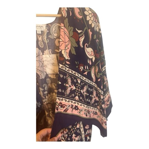 Escape By Blu Pepper Kimono Duster One Size Boho Navy Peach Floral Cover Up - Picture 3 of 10